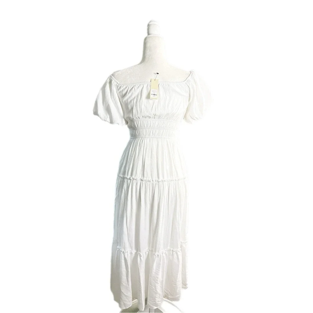 Trixxi‎ Smocked Puff Sleeve Maxi Womens Size S White Tiered Cottagecore Romantic